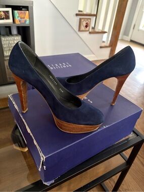 Stuart Weitzman Navy Suede Platform Pumps with Wood-Look Heel